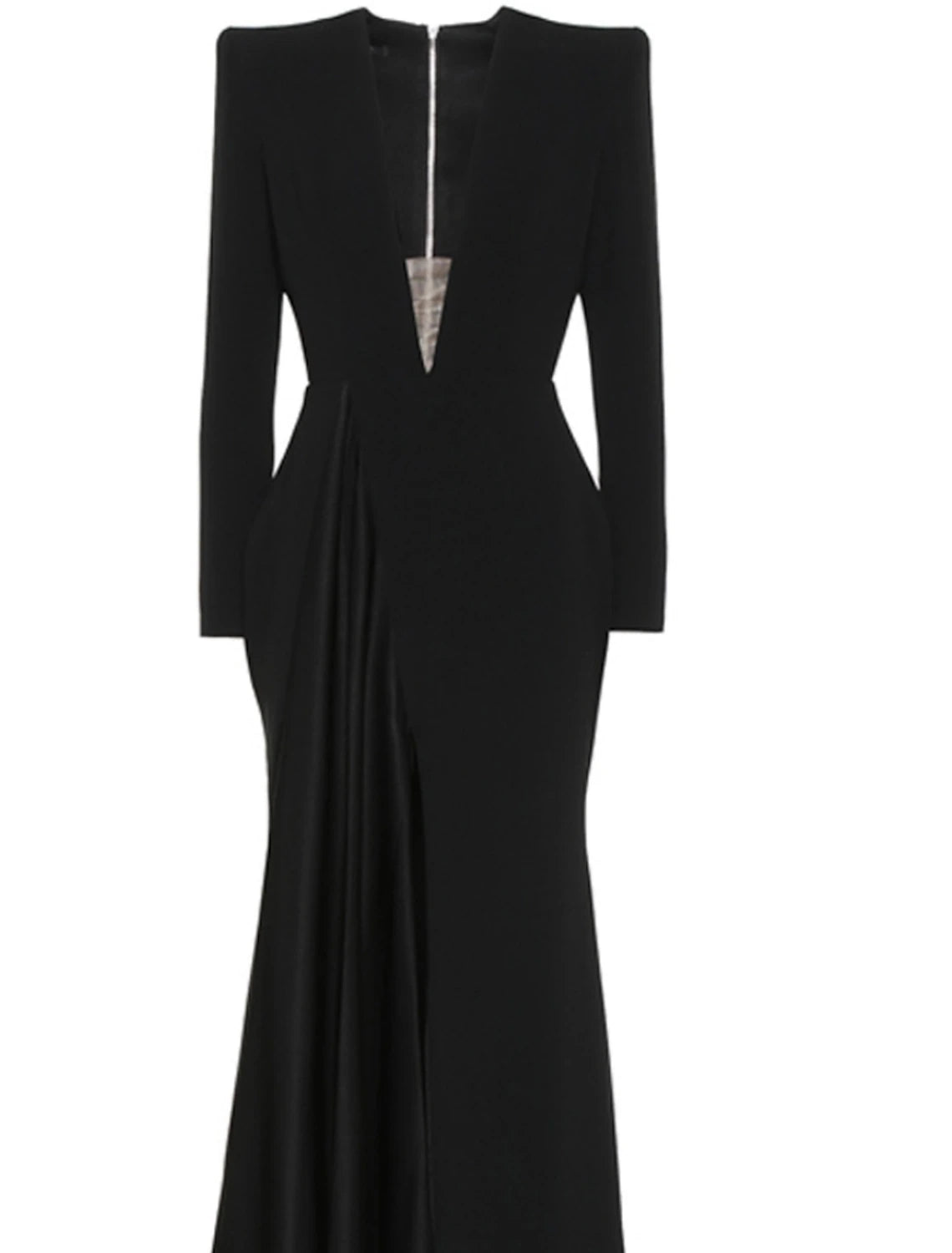 A-Linien-Abendkleid, elegantes schwarzes Champagnerkleid, Übergrößenkleid, formelle Schleppe, lange Ärmel, V-Ausschnitt, Stretchstoff mit Faltenschlitz